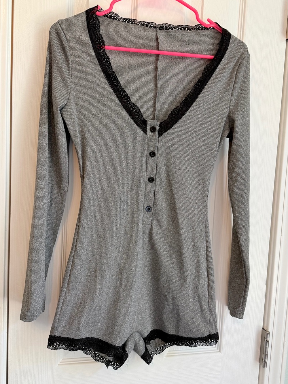 Long Sleeve Gray Pajama Onesie Romper with Black Lace Trim
